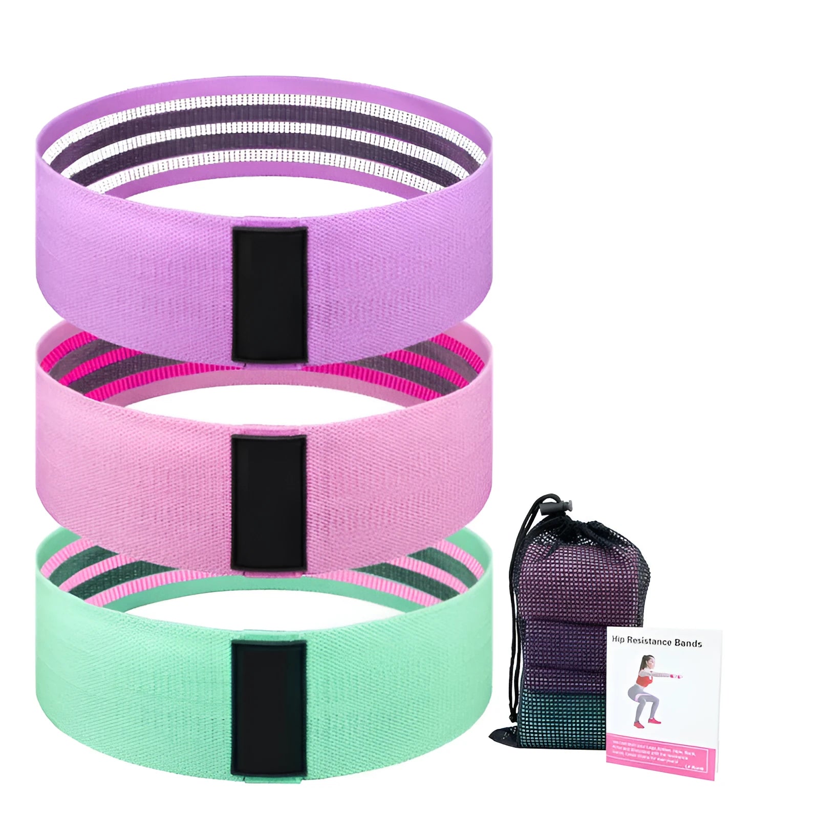 Set of three fabric resistance bands in lake blue, pink, and purple colours with net storage bag