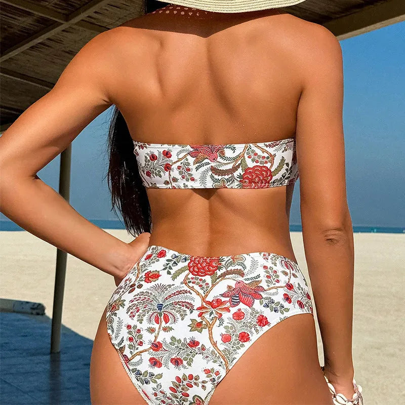 Women's printed bandeau swimsuit bikini set with matching shorts on mannequin