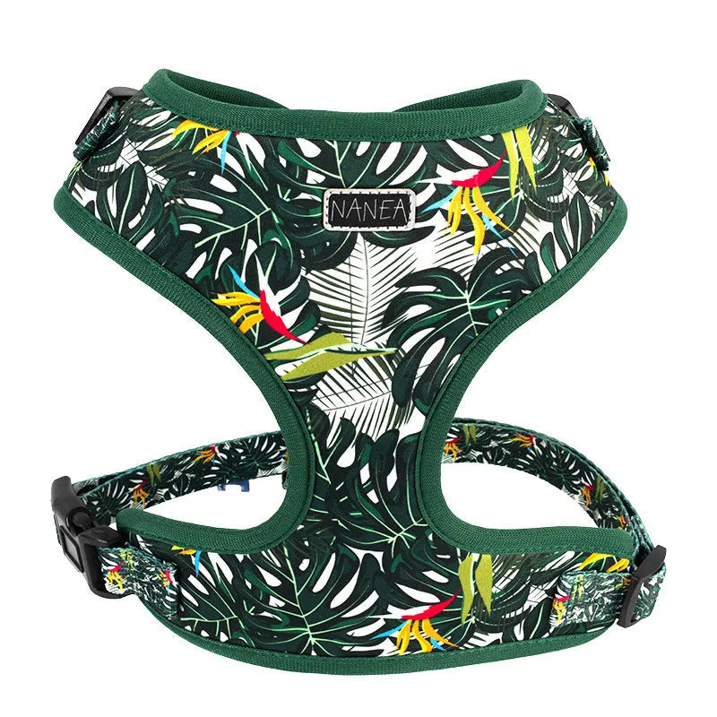 Six-piece adjustable dog harness set with vest, haulage rope, collar, waste bag, bow tie, and triangle scarf