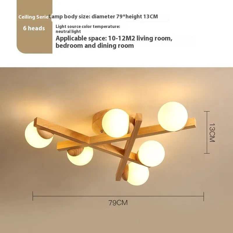 Nordic wooden style ceiling light fixture with three neutral white light heads