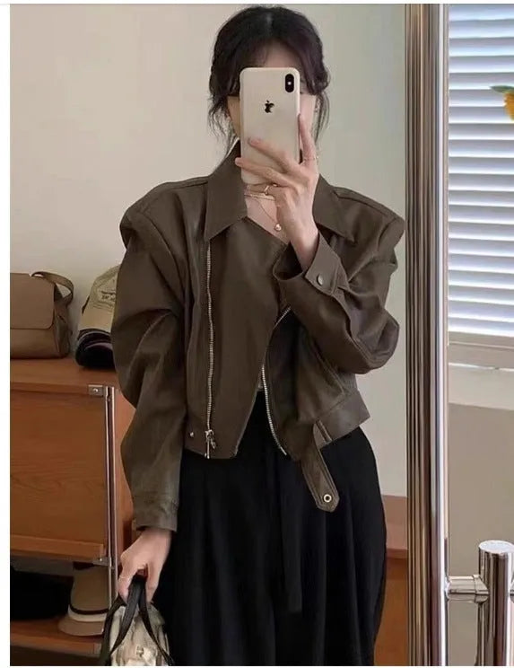 Women's slim fit retro leather coat jacket in imitation leather polyester available in black or brown colours