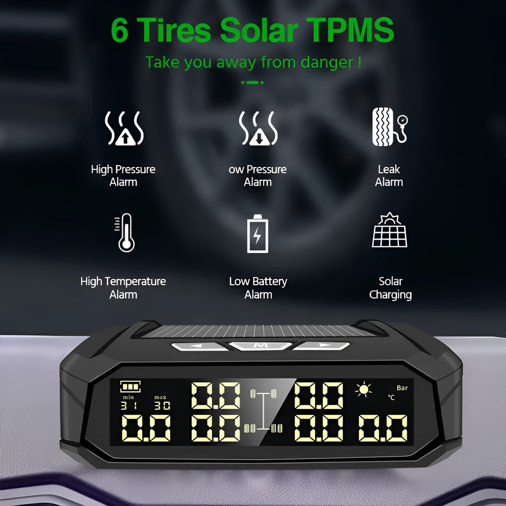 Solar external tyre pressure monitor with colour digital display and six sensors for RV and truck safety