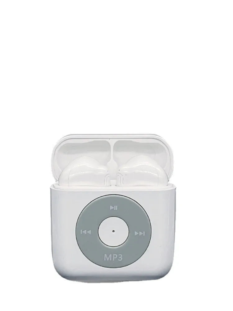 White wireless Bluetooth earphones with semi in-ear design placed beside charging compartment