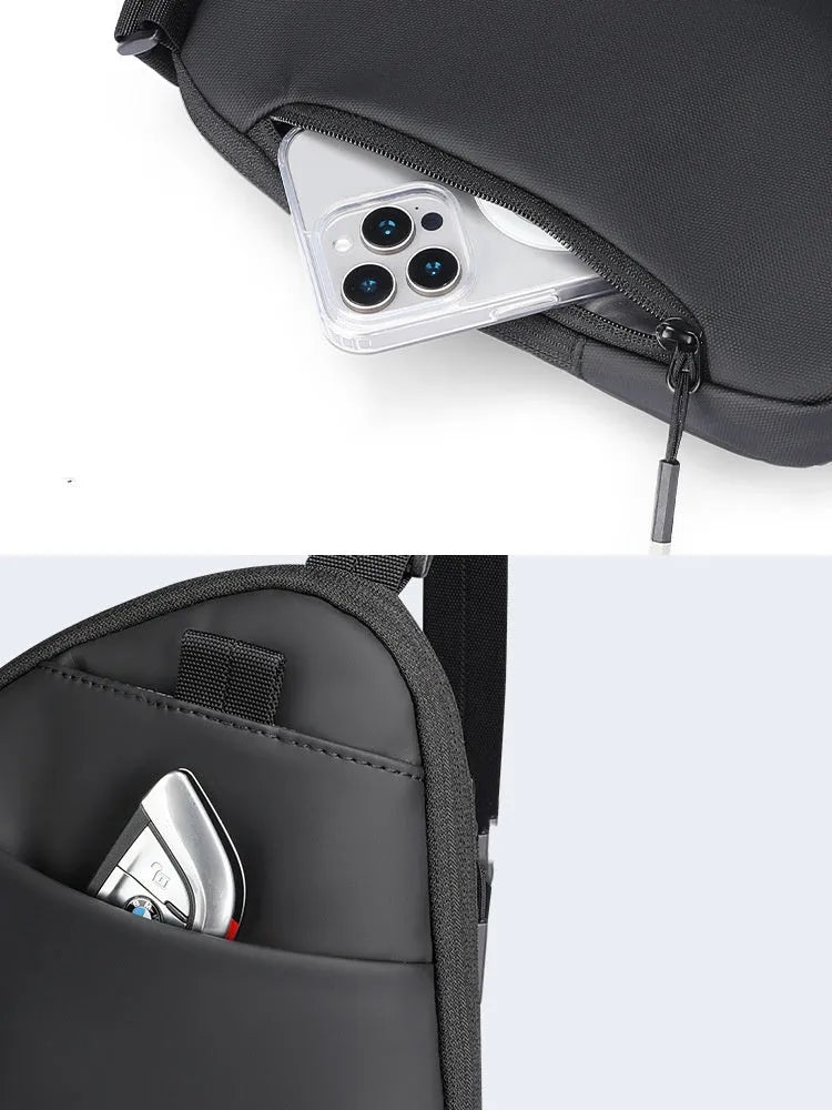 Men's elegant black Oxford cloth crossbody bag with simple styling and durable construction