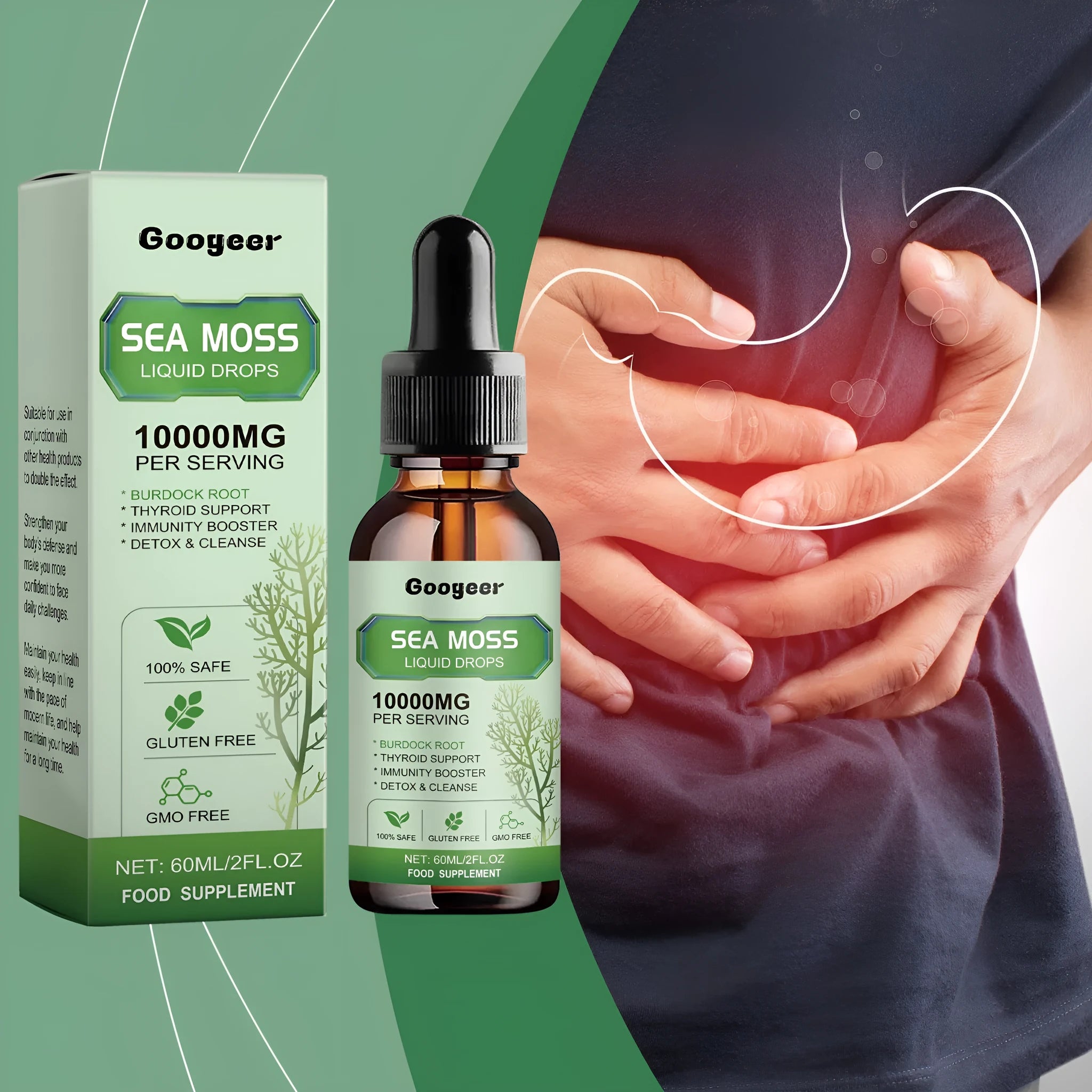 Googeer sea moss liquid drops body treatment bottle, 60ml capacity, 3.3x3.3x12cm.