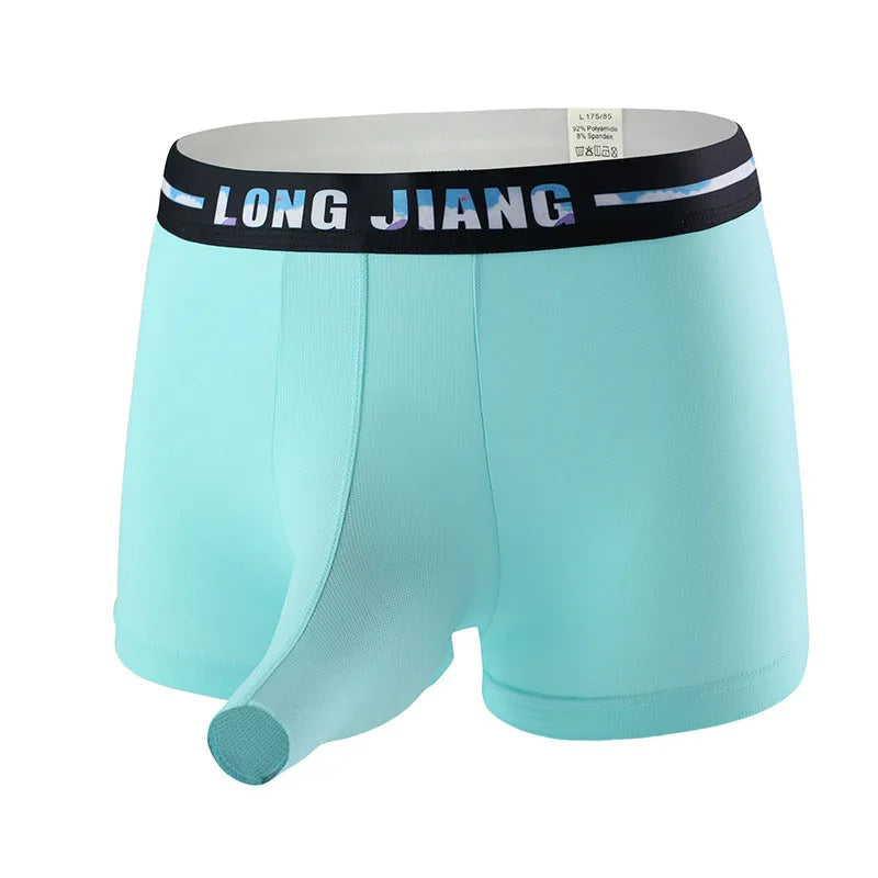 Men's ice silk trunk open boxer briefs on a solid background, showing the mid-waist fit.