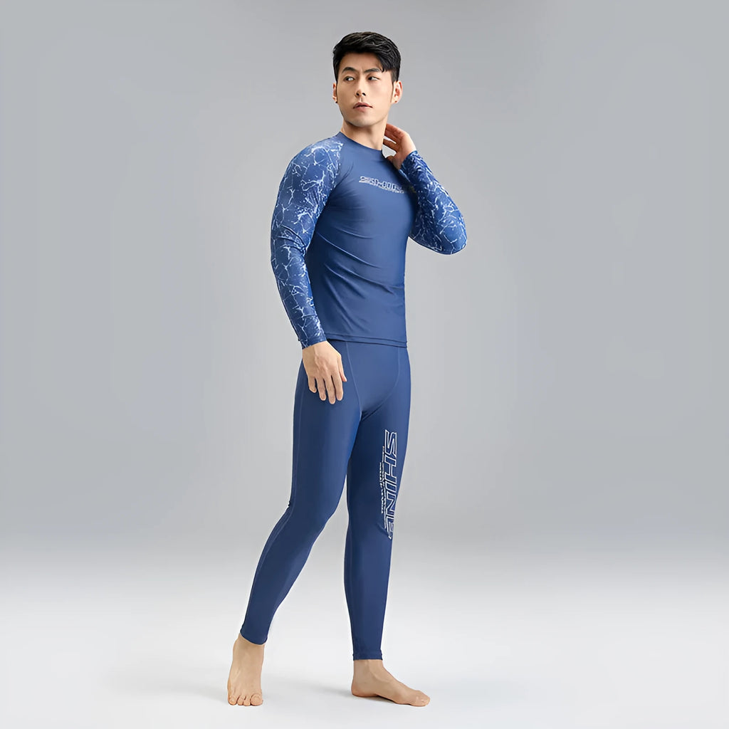 Dark blue nylon men's swimwear set with matching top and trousers for swimming and wading