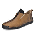 Men's black artificial PU leather Martin boots with front zipper and hand-stitched rubber sole