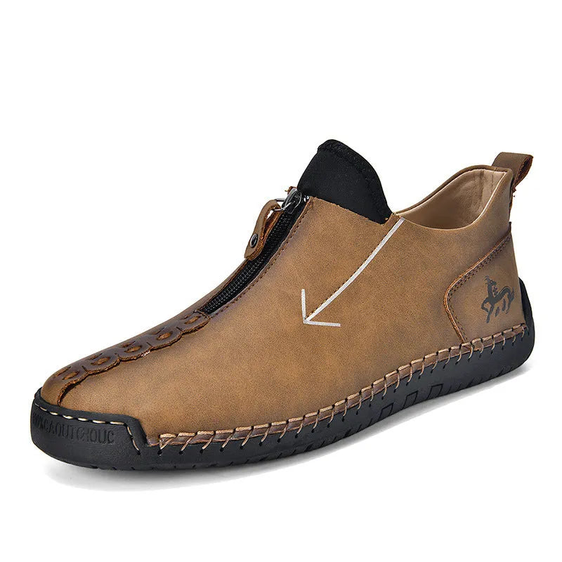Men's black artificial PU leather Martin boots with front zipper and hand-stitched rubber sole
