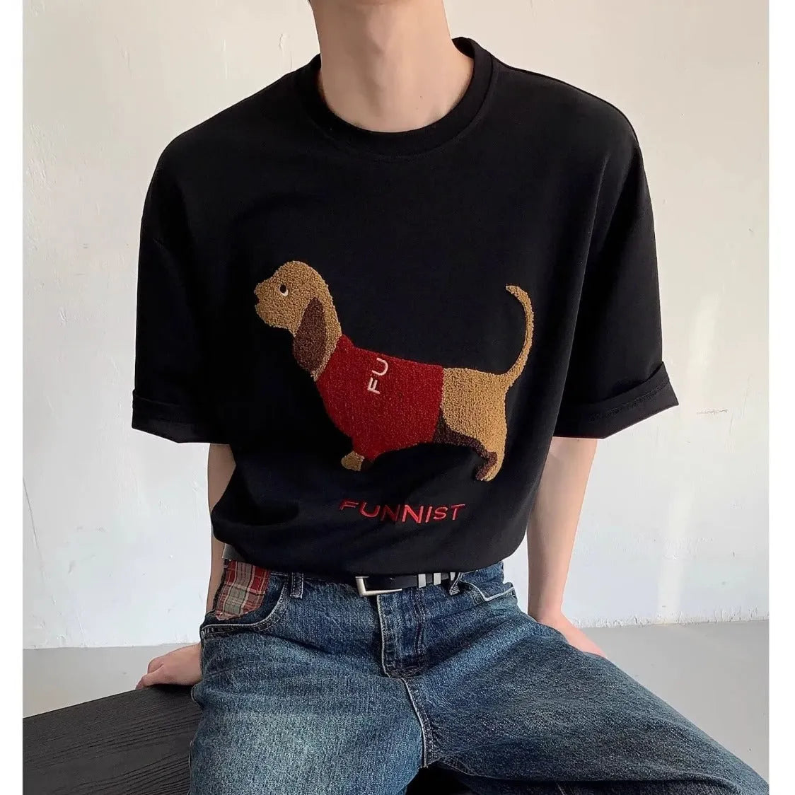 Grey men's t-shirt with embroidered sausage dog in a towel design on the front.