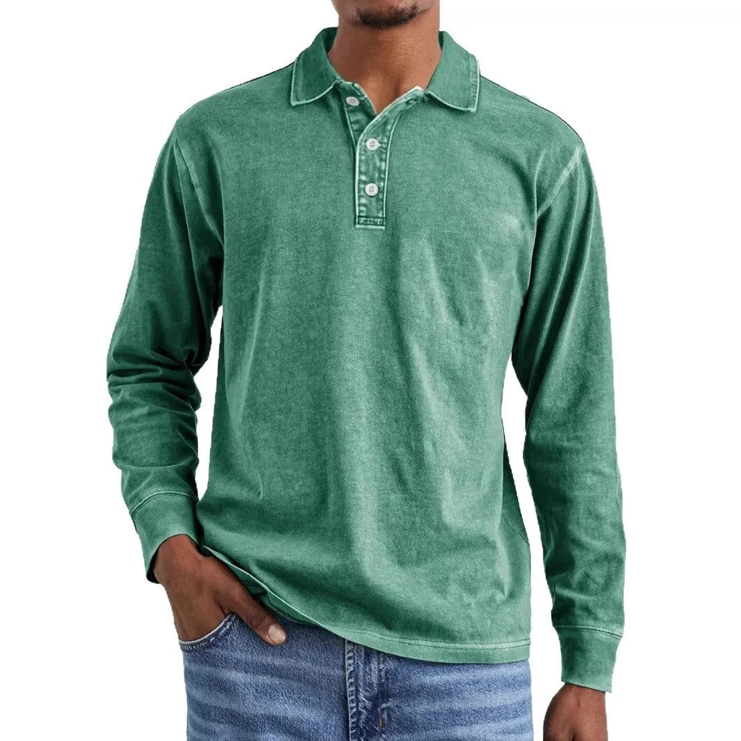 Retro washed pure cotton polo shirt with a distressed lapel and long sleeves on a hanger.