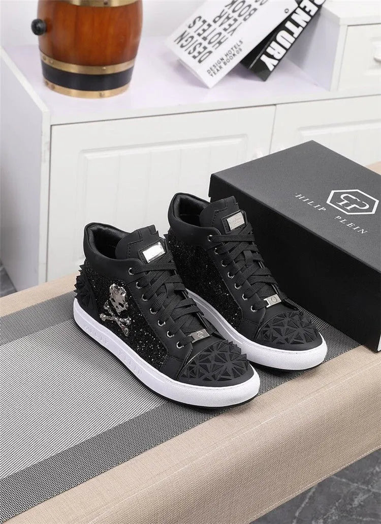 Men's black high-top skeleton shoes with genuine leather upper and lace-up closure
