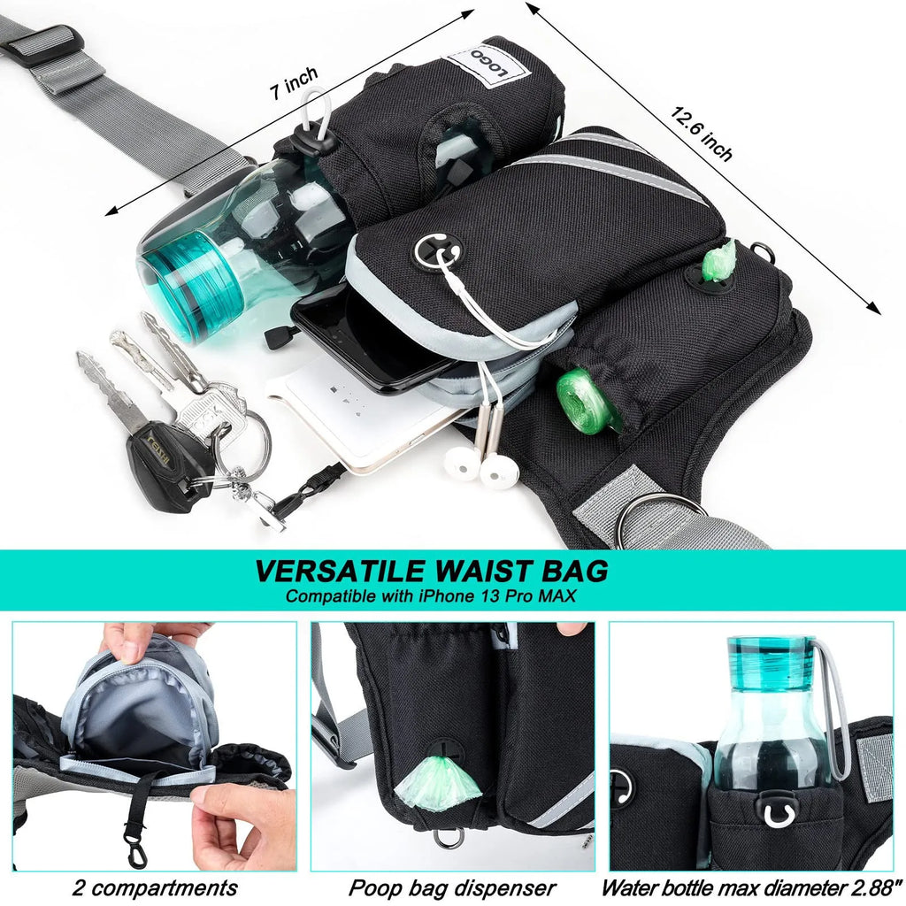 Black nylon outdoor pet training bag set with waist bag and collar leash for dog walking