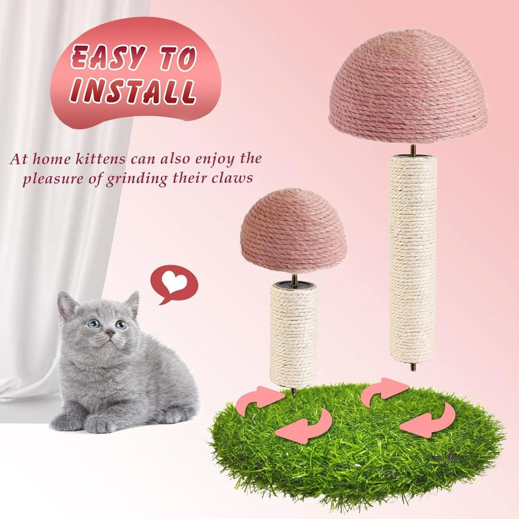 Pink mushroom-shaped cat scratching post made from natural sisal fibre with sturdy base for small cats