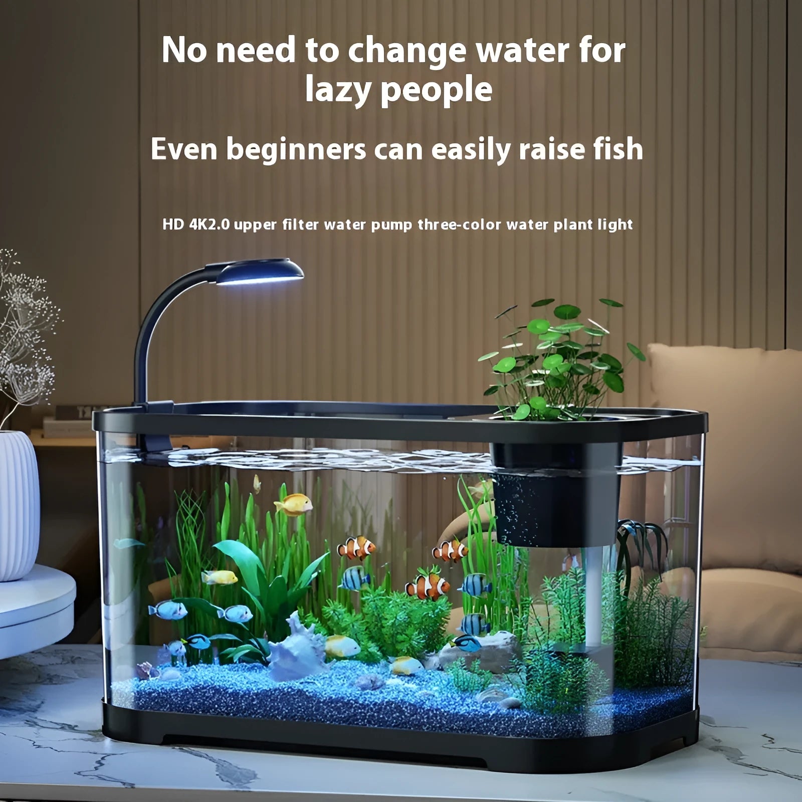 Desktop ecological landscape filter fish tank with integrated oxygenation system in luxury white colour
