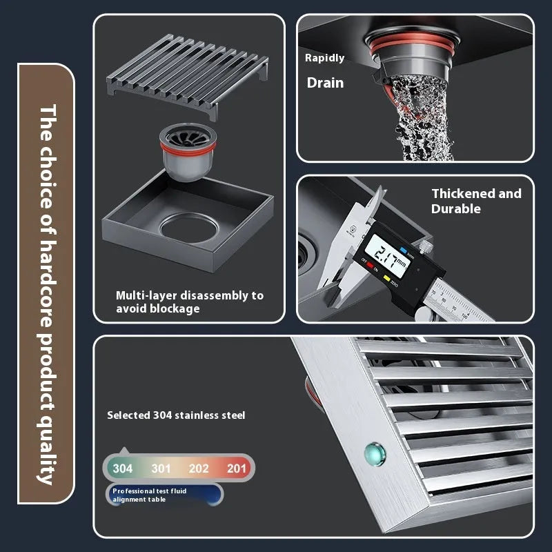 304 stainless steel courtyard deodorant floor drain with 15x15 cm gun grey square grating