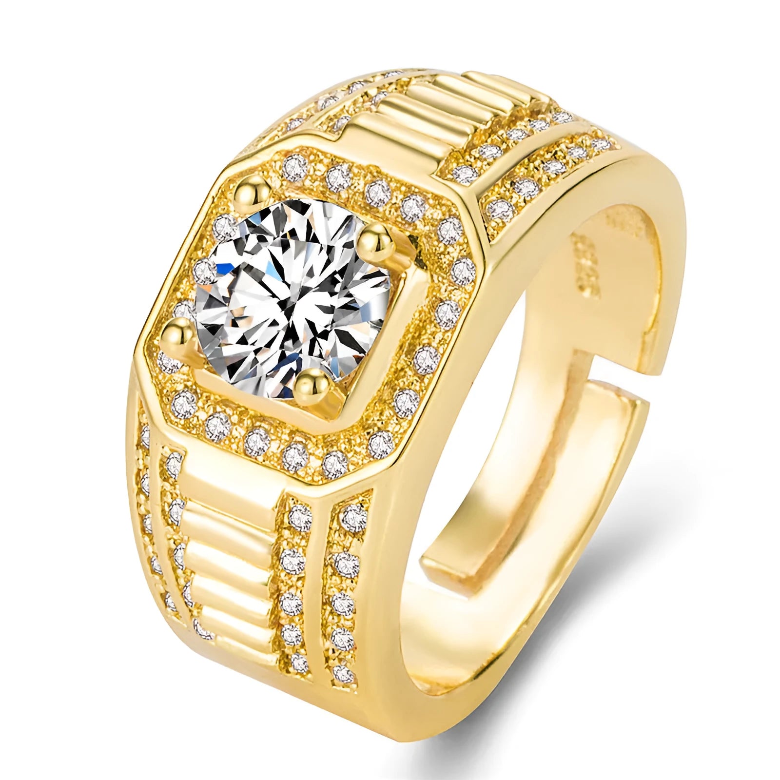 Men's large square adjustable copper ring in a gold colour finish on a hand.