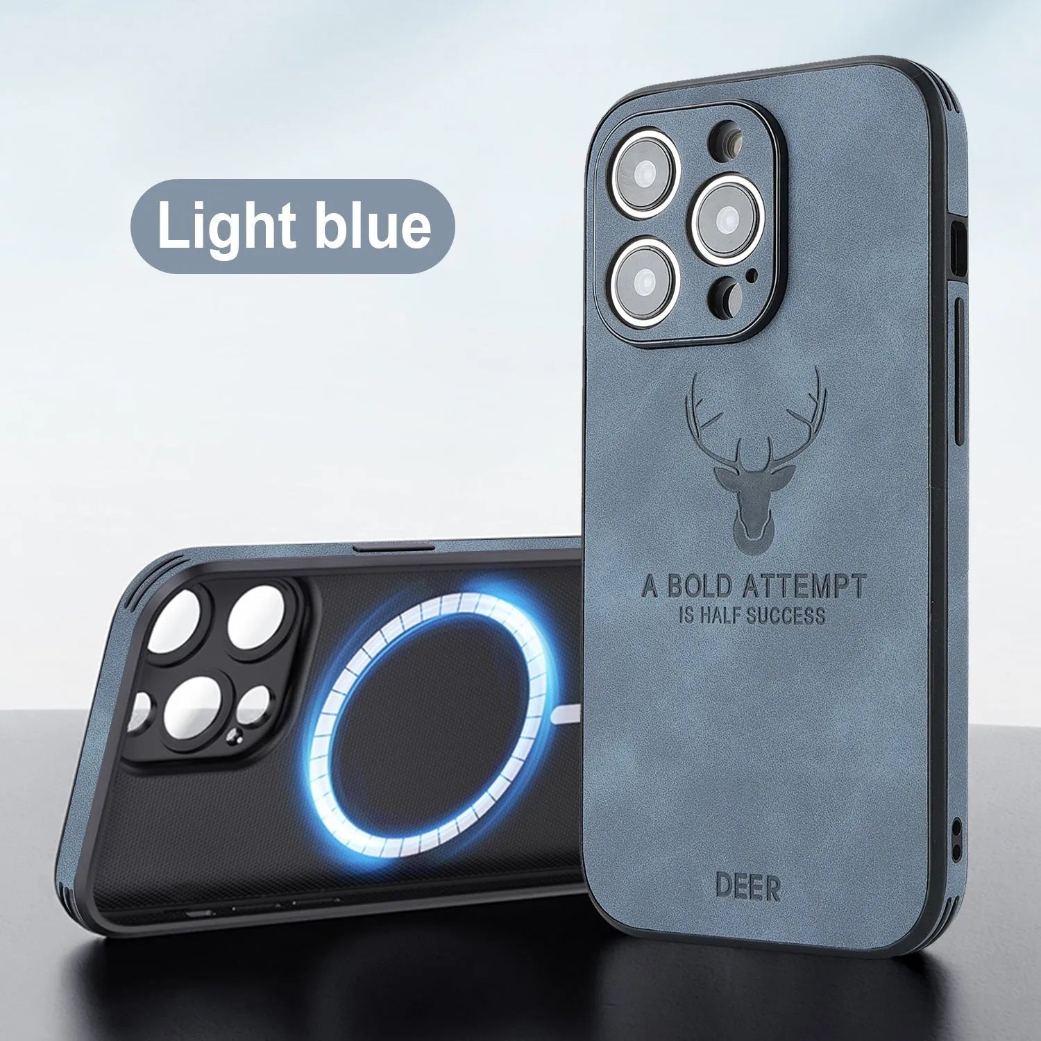 iPhone 16 series imitation leather phone case with embossed moose head design, shown in multiple colour options