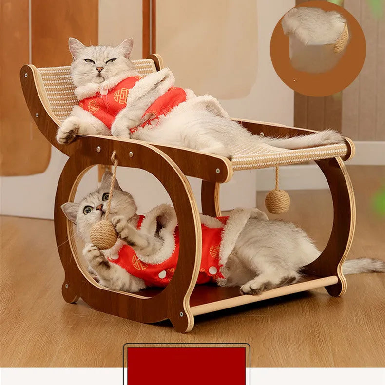 Solid wood cat bed with sisal scratching surface in walnut colour recliner design