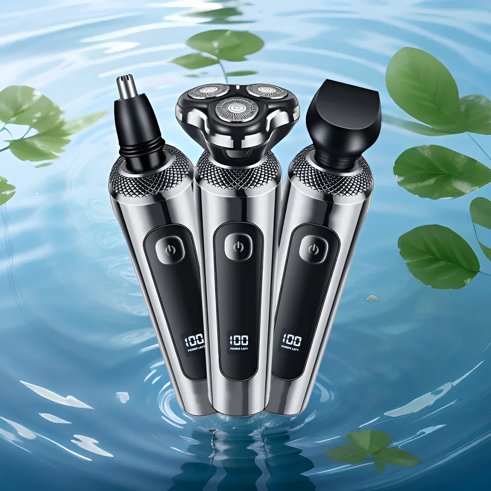 Digital USB rechargeable beard trimmer with LED display on its five-in-one base bracket
