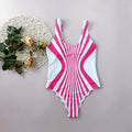 Pink striped women's one-piece swimsuit with digital front and rear printing