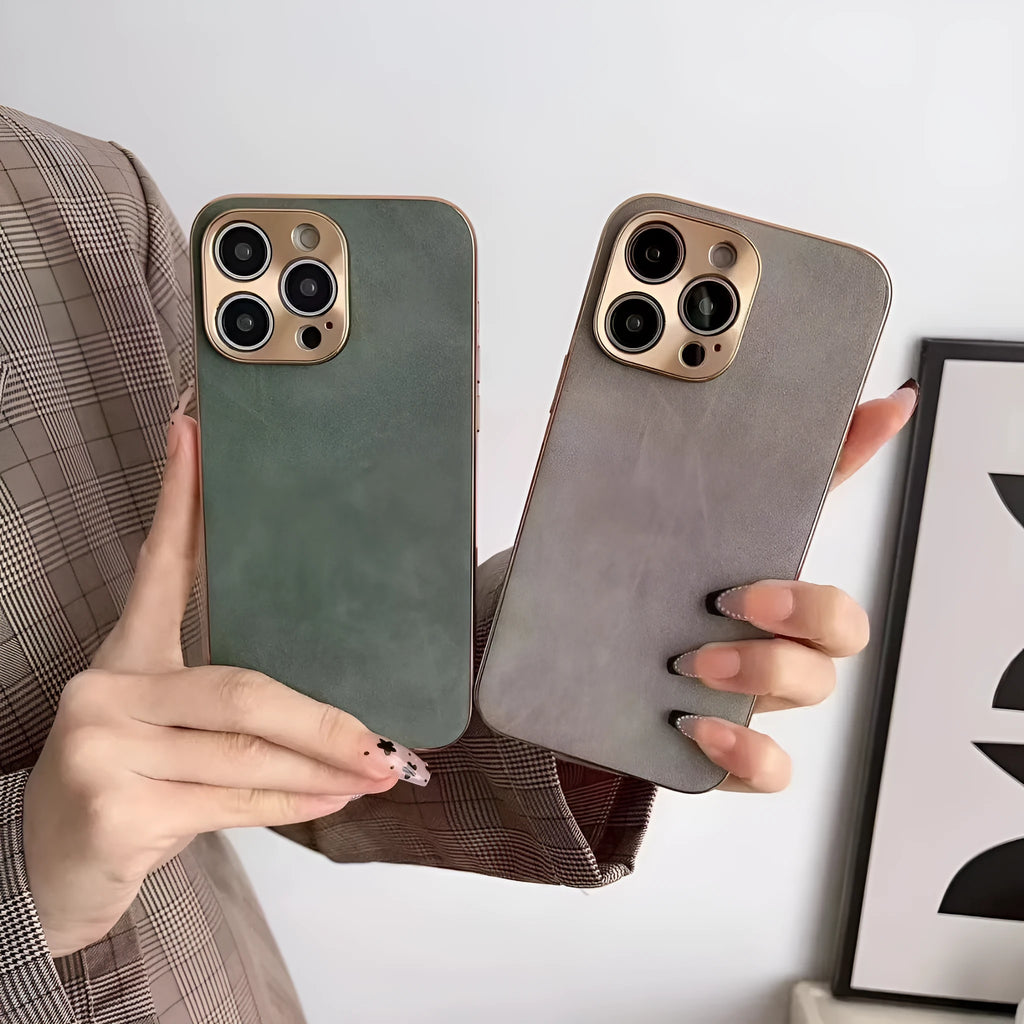 Leather texture TPU phone case for iPhone in solid black, blue, grey, and grey-green colours.
