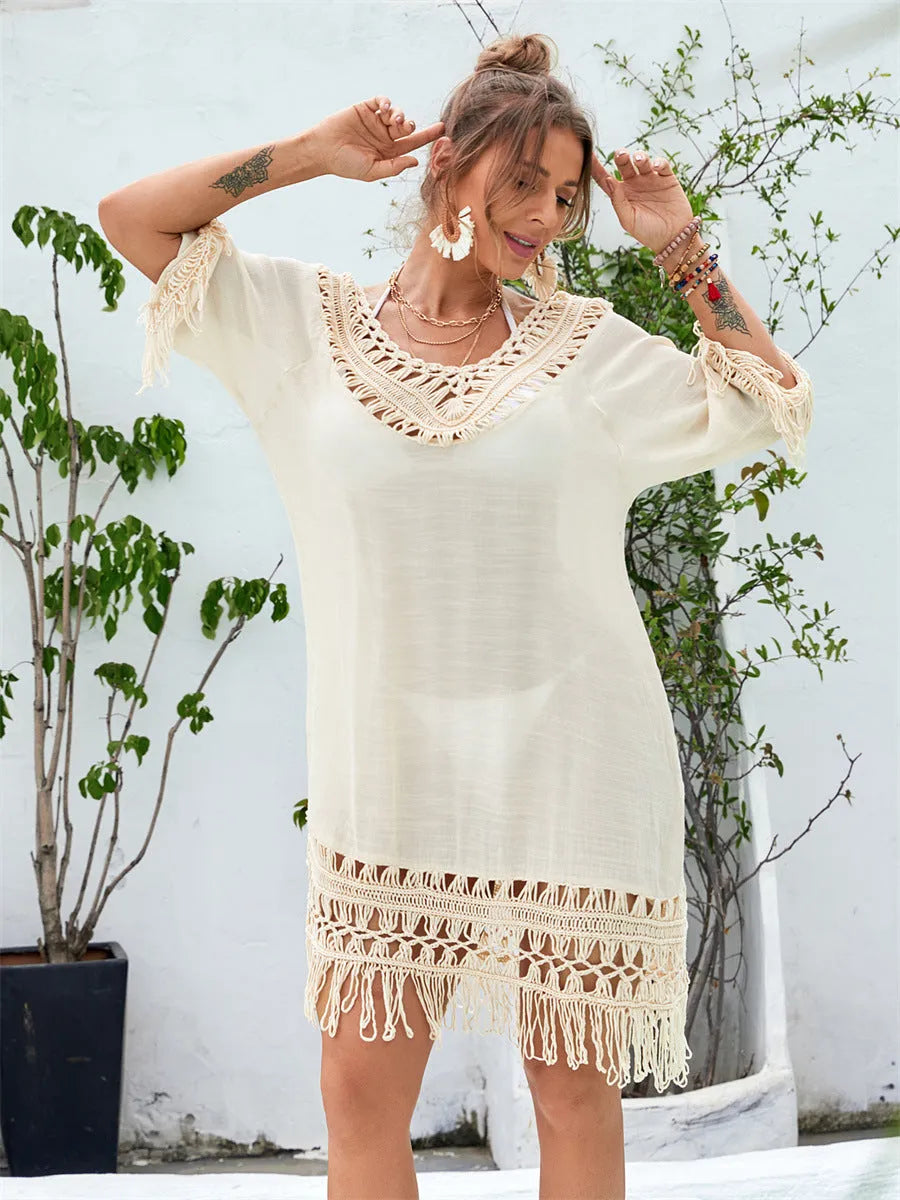 Women's hand crocheted acrylic beach dress with apricot colour and polyester lining