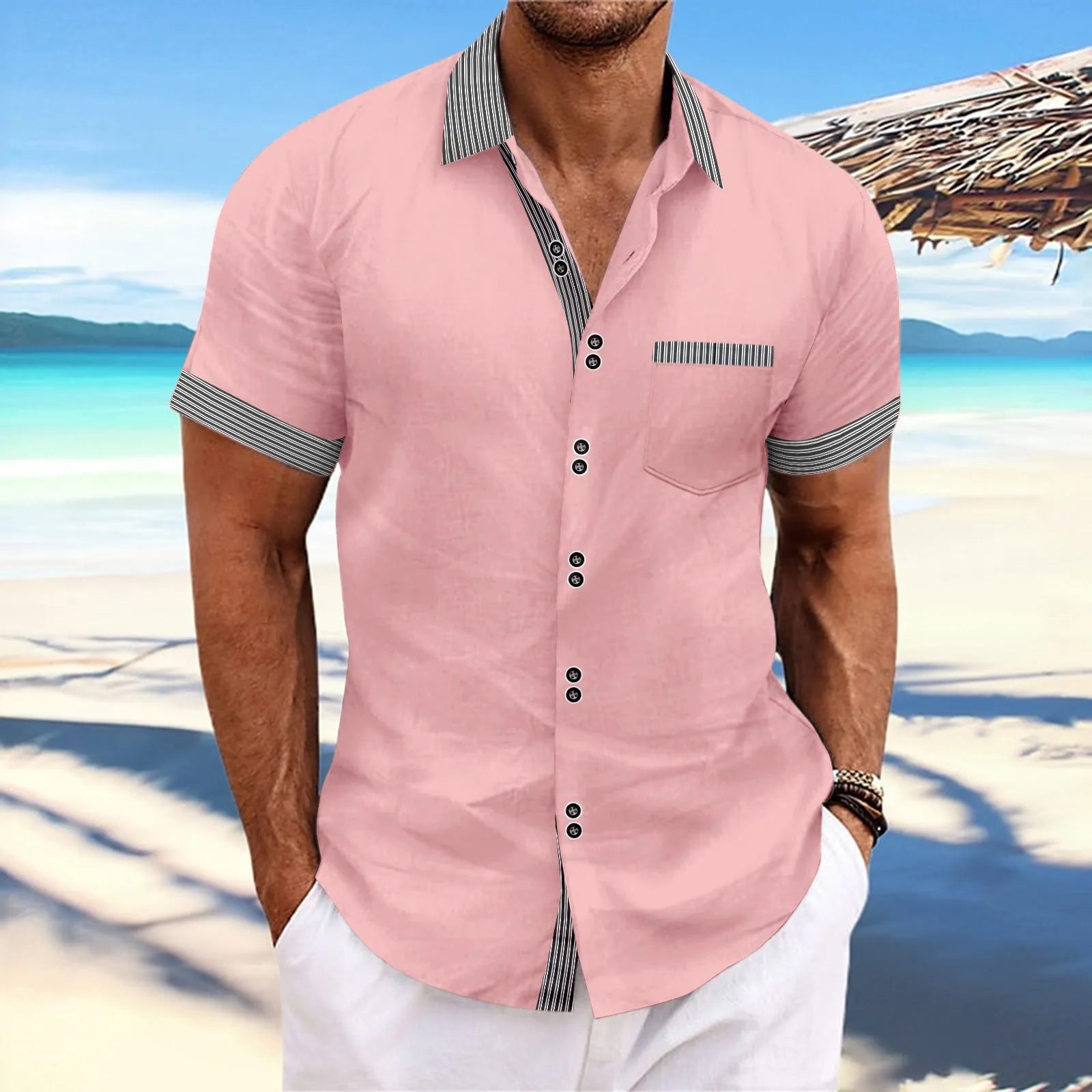 Pure cotton slim fit striped short sleeve casual shirt with double button front