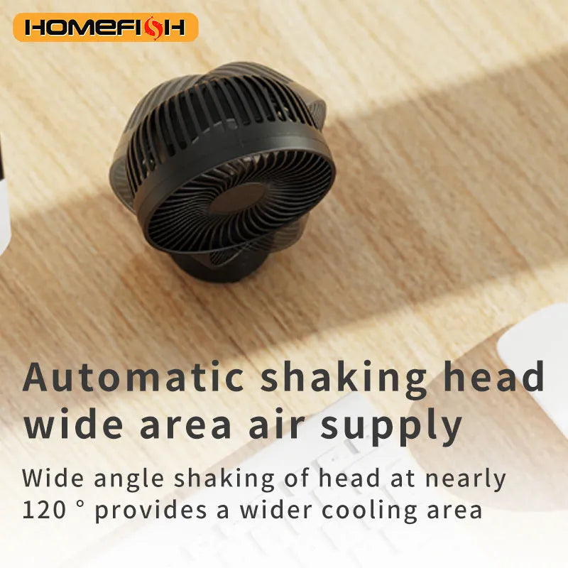 HOMEFISH F2 automatic shaking head portable fan with LED light on an adjustable bracket.