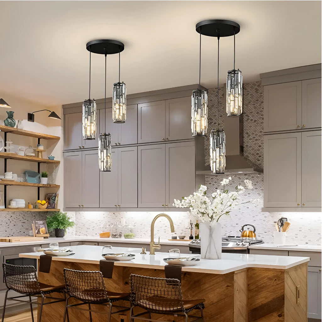 Single head industrial style crystal LED droplight pendant light in black finish.