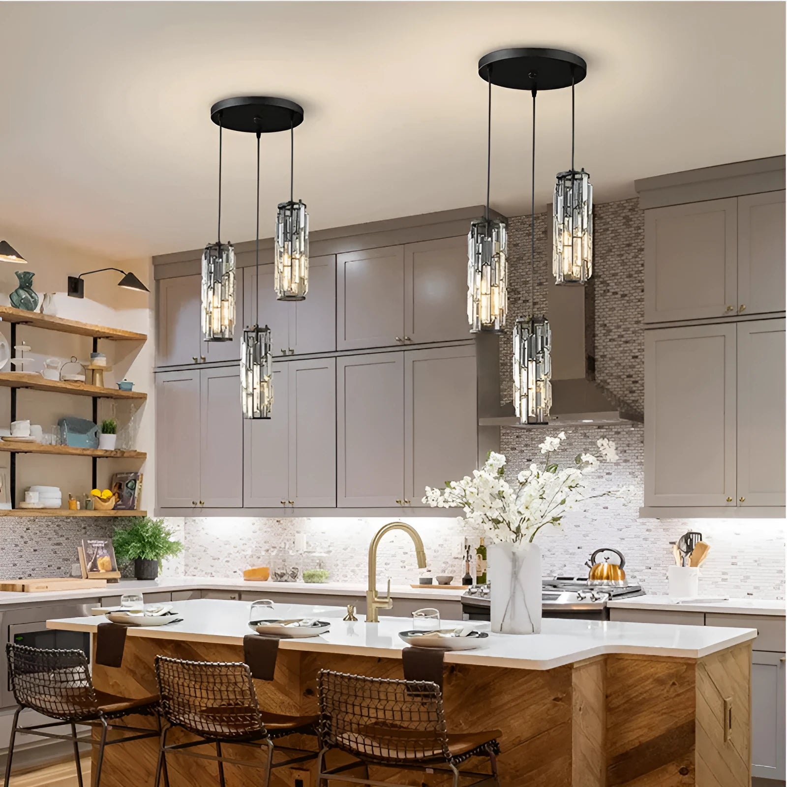 Single head industrial style crystal LED droplight pendant light in black finish.