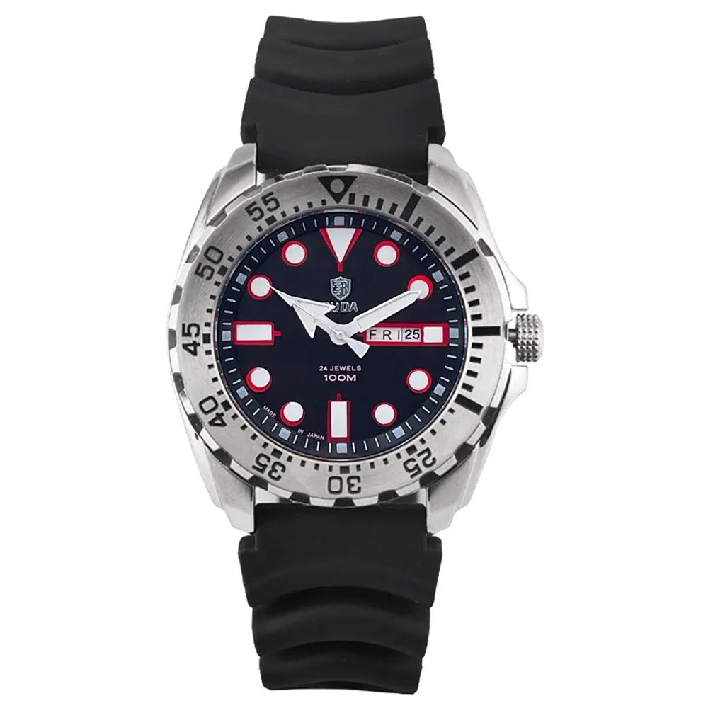 Men's waterproof quartz watch with luminous hands showing blue dial and steel bracelet option