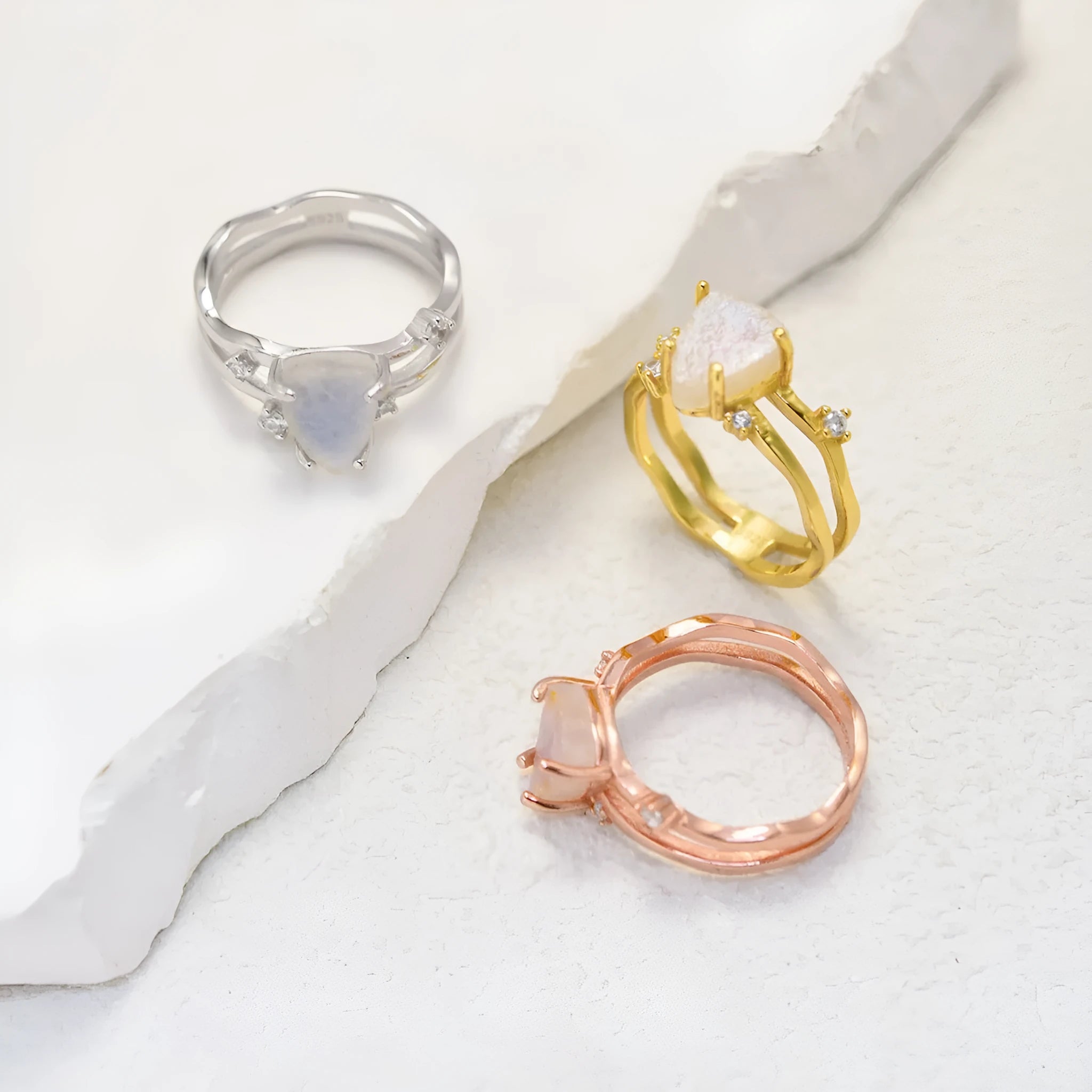 S925 sterling silver irregular triangle moonstone ring in geometric design with choice of finishes