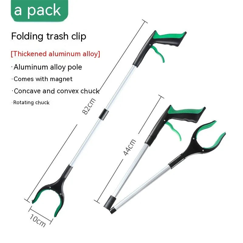 Blue plastic and aluminium alloy trash folder sewer pliers clamping a rubbish bag.