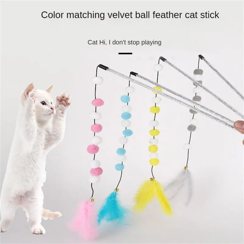 Colourful cat teaser stick with bell and feather toys measuring 31cm long