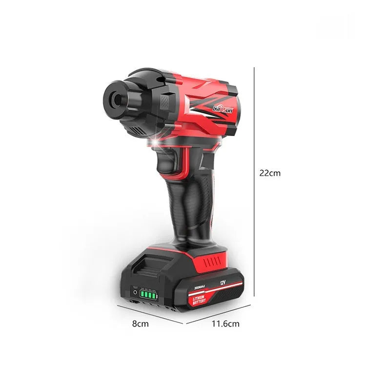 Red and black portable car tyre inflator unit with power cable and nozzles for tyres, balls and swimming rings