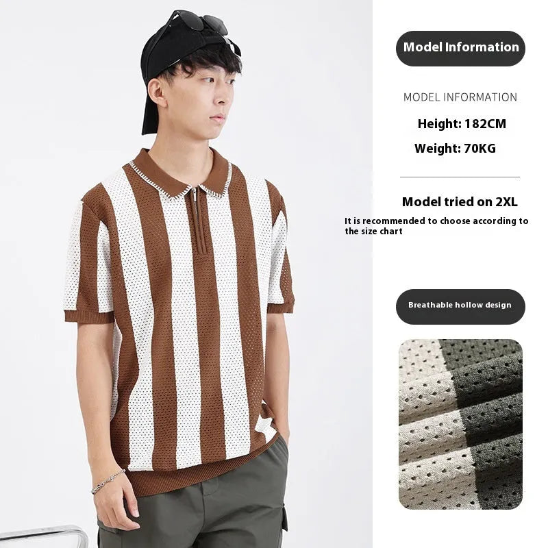 Man wearing a striped short sleeve ice silk sweater with a zipper decoration detail.