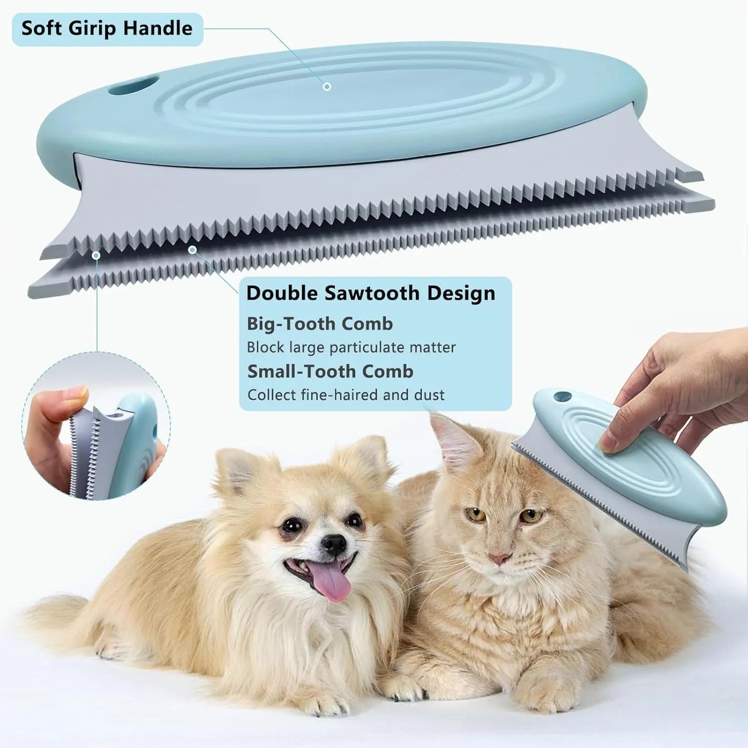 Three pet hair removal tools: metal lint brush, silicone roller, and round carpet scraper
