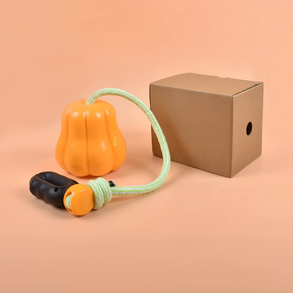 Pumpkin-coloured plastic dog chew toy with an attached rope for tugging and fetch.