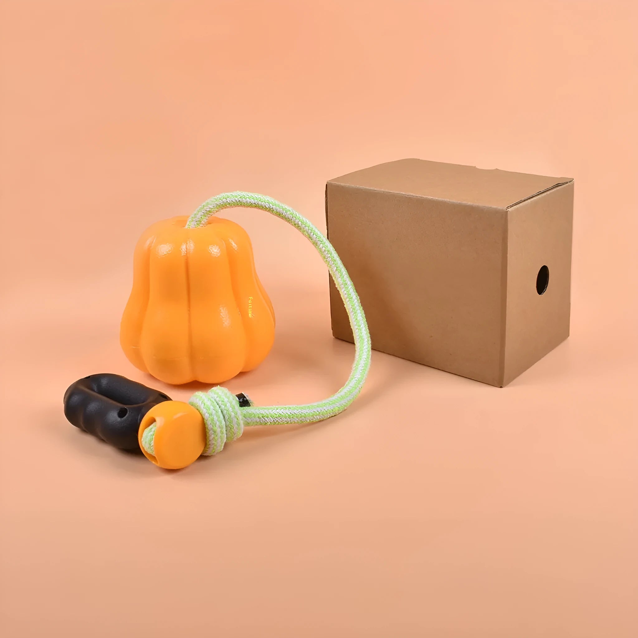Pumpkin-coloured plastic dog chew toy with an attached rope for tugging and fetch.