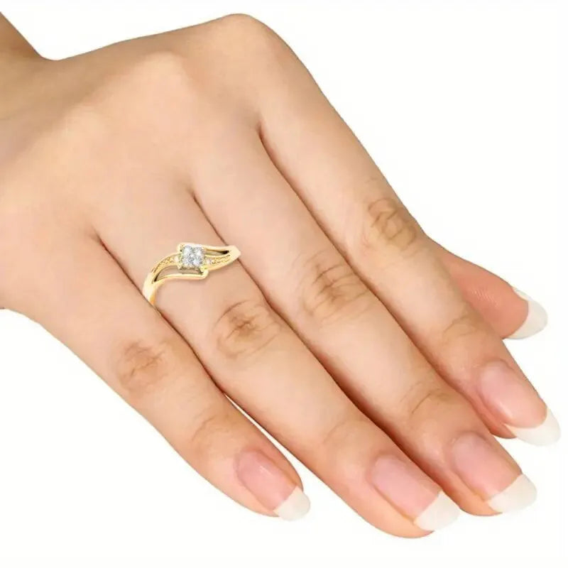 Women's yellow gold colour copper ring with diamond shape and micro inlaid zircon geometric design.