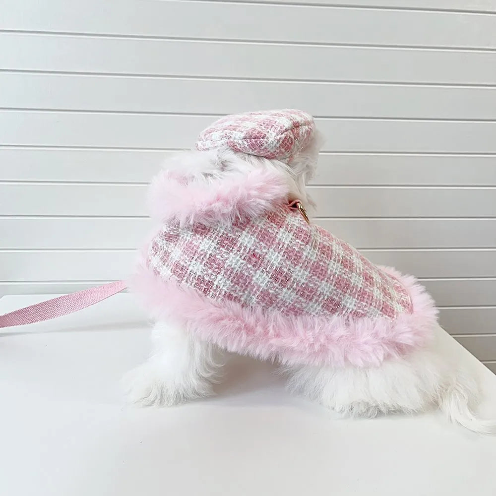 Pink cat cape and beret set with hand holding rope for chest and back coverage