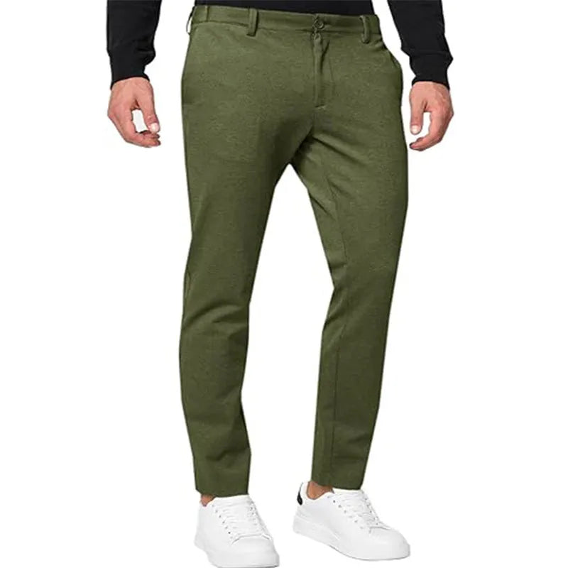 Men's slim-fit tapered chino trousers in cotton blend fabric showing five colour options