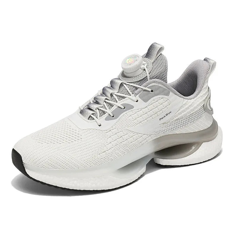 White rotating buckle low-top running shoes with breathable fly-knit mesh upper on a grey background.