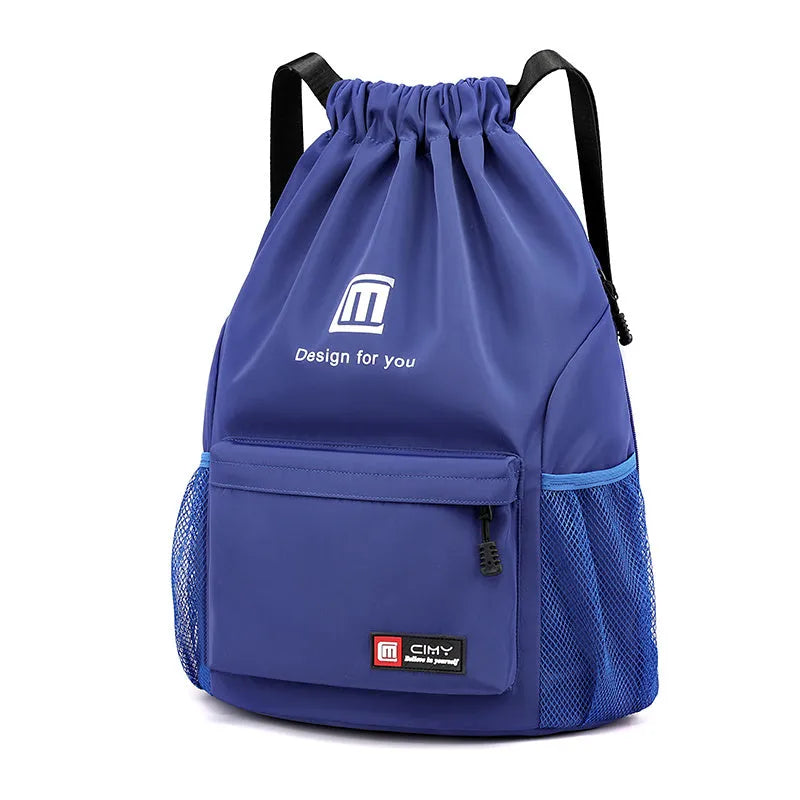 Oxford fabric drawstring travel backpack in multiple colours with double shoulder straps and pull-belt closure
