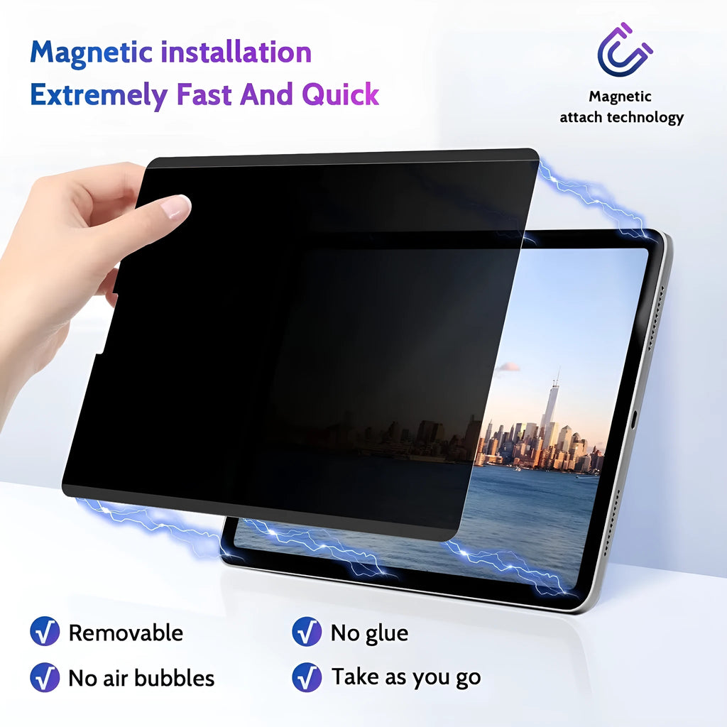 Magnetic suction anti-peeping screen protector film for iPad with paper-like texture and storage clip.