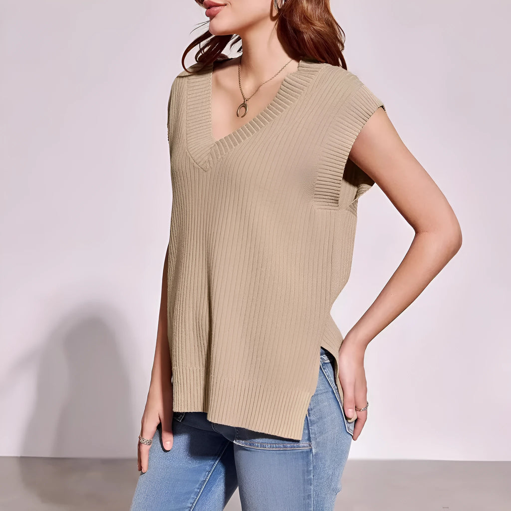 Women's camel and white v-neck sleeveless vest with loose fit and striped or plaid patterns