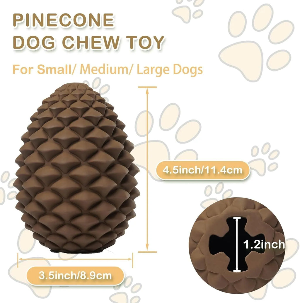 Yellow pine cone shaped natural rubber dog chew toy with treat dispenser for large breeds