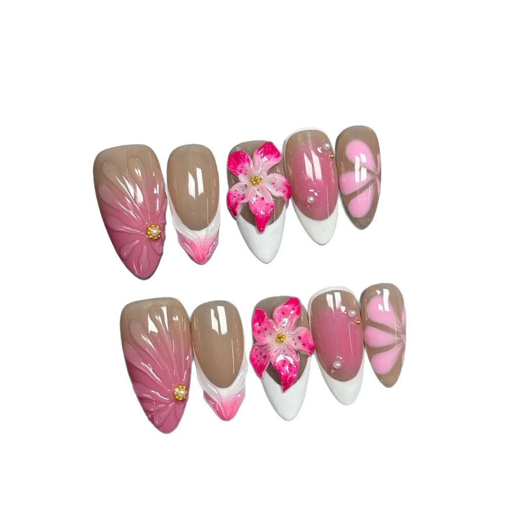 French style artificial nails with three-dimensional fluid ice flower designs on almond-shaped plastic tips