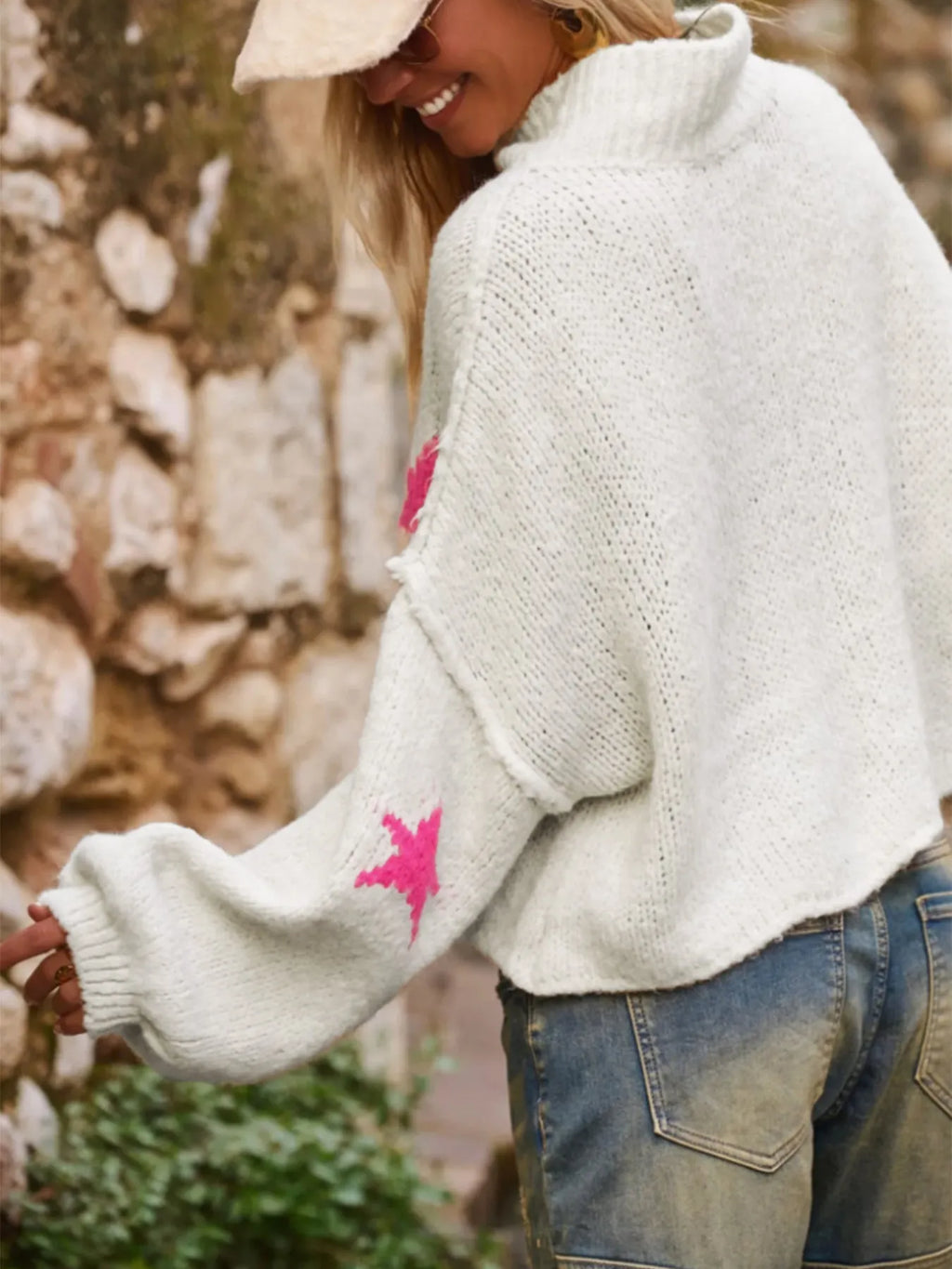 White women's turtleneck pullover sweater with five-pointed star pattern on imitation velvet fabric